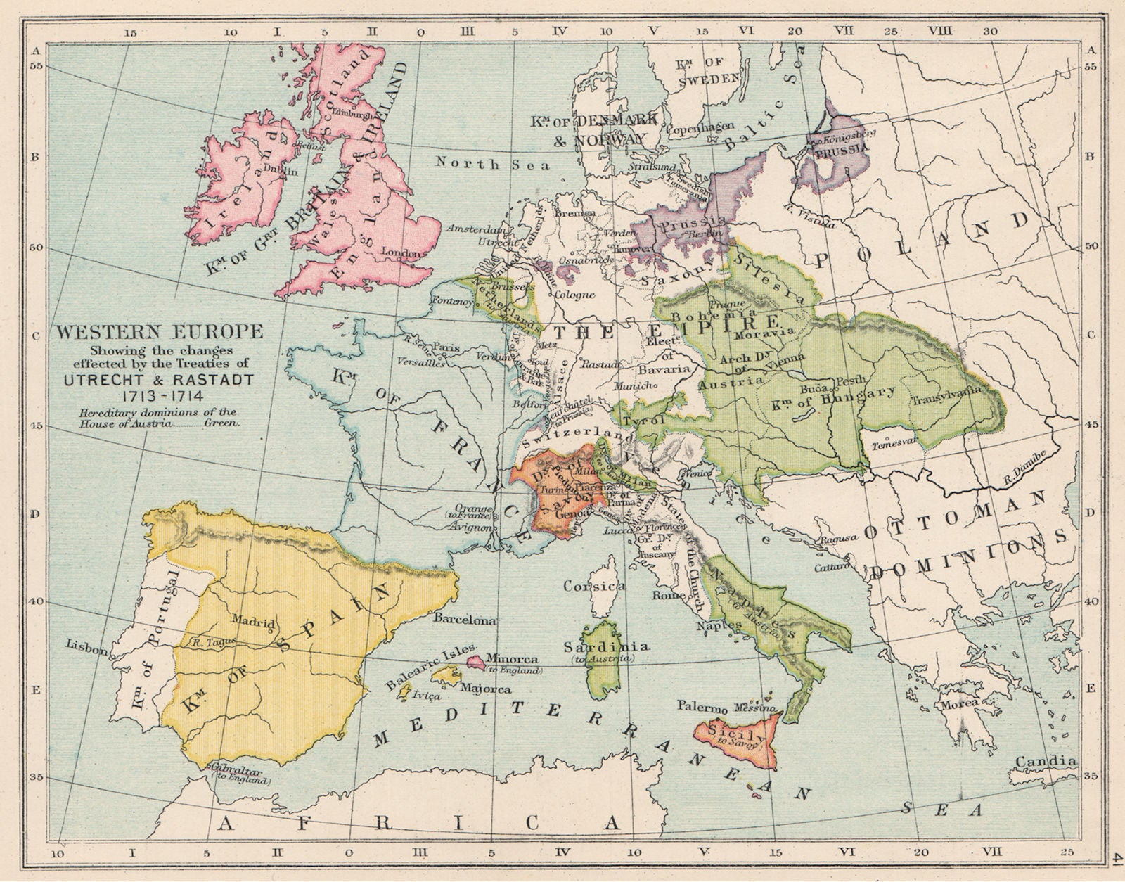 EUROPE 1713-14. Treaties of Utrecht & Rastadt. British Minorca 1907 old map